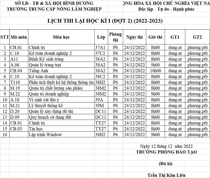 Lịch thi lại học kỳ 1 ngày 24-12-2022